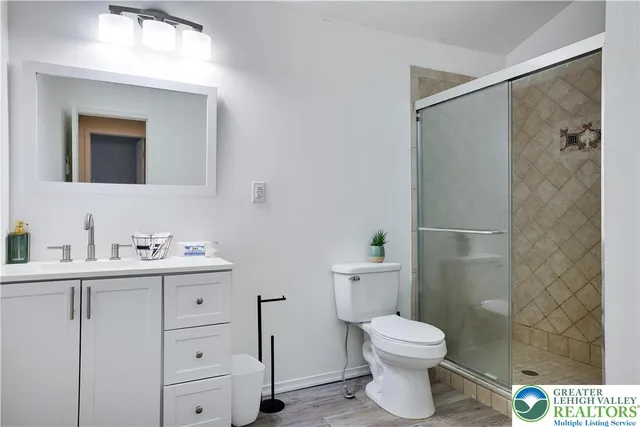 a bathroom with a toilet a sink a mirror and shower