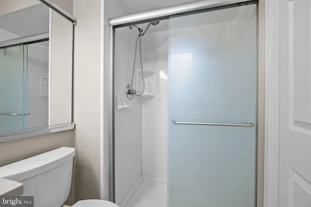 a bathroom with a shower and a toilet