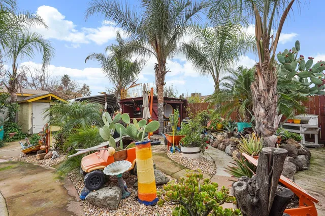 a view of a swimming pool with a patio and a garden