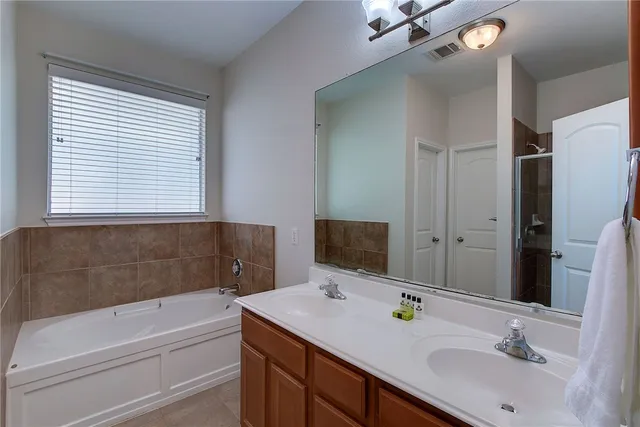 a bathroom with a sink double vanity granite tub shower and a mirror
