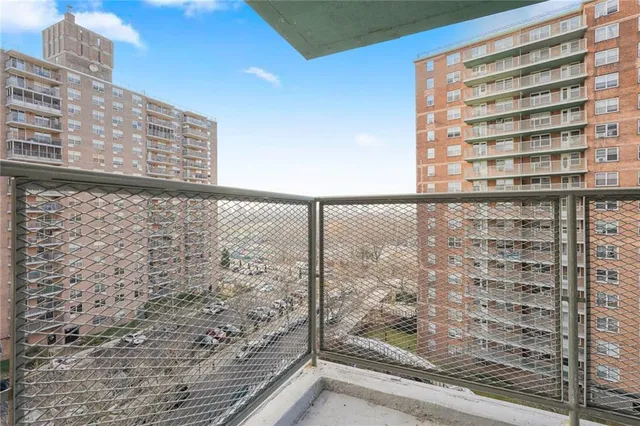 a view of a balcony from a window