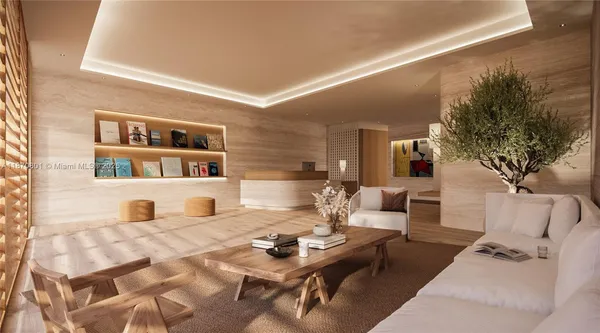 a living room with furniture a large window with kitchen view