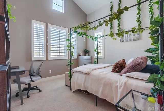 an aerial view of a house with a garden