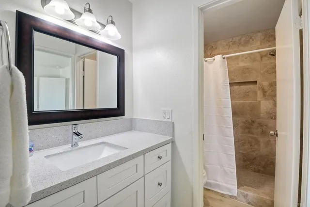 a bathroom with a granite countertop sink a mirror and shower