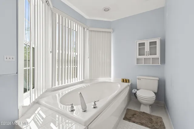 a bath room with a toilet a bath tub and a window