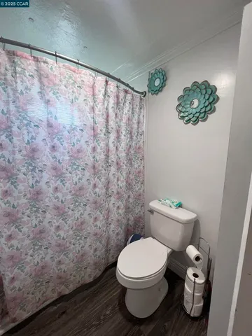 a white toilet sitting next to a shower curtain