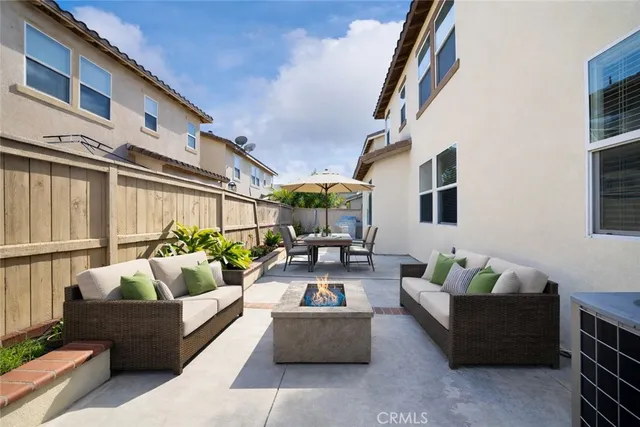 a building outdoor space with patio furniture