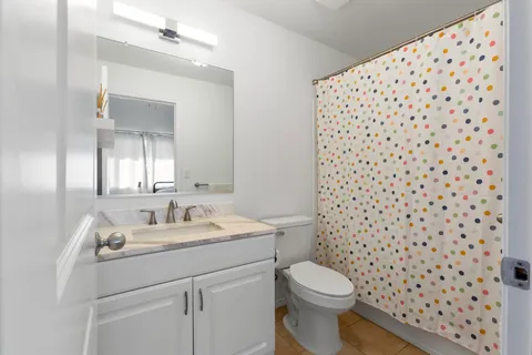 a bathroom with a sink a toilet and a mirror