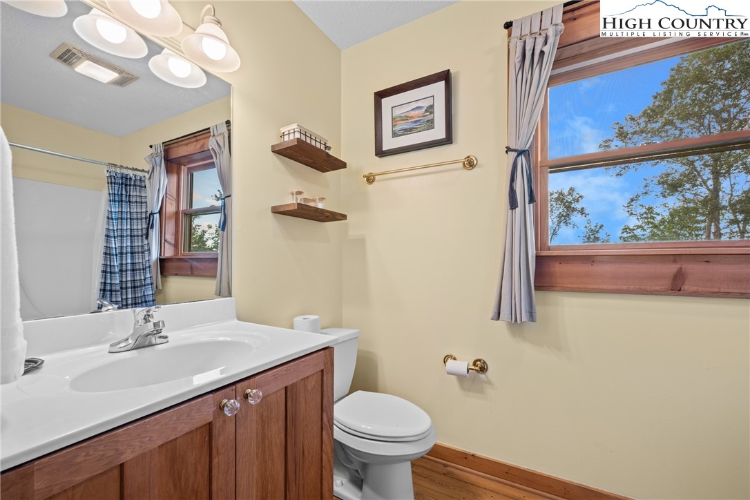 207 Lake Road Beech Mountain, NC 28604 - Photo 24 of 32 a bathroom with a toilet a sink a mirror and a window