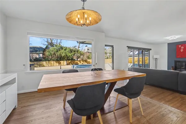a view of a dining room with furniture and wooden floor