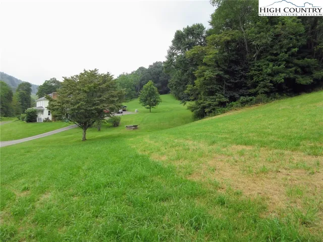 a view of a green field with trees