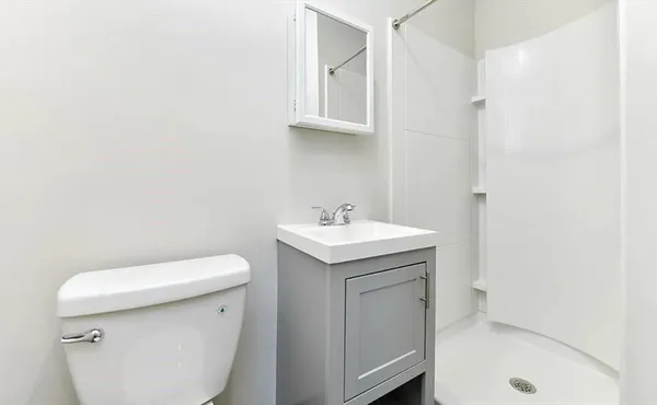 a bathroom with a sink a toilet and mirror