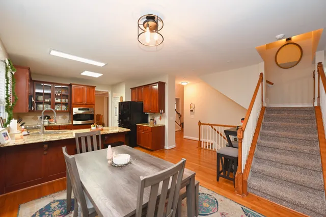 a view of a dining room with furniture