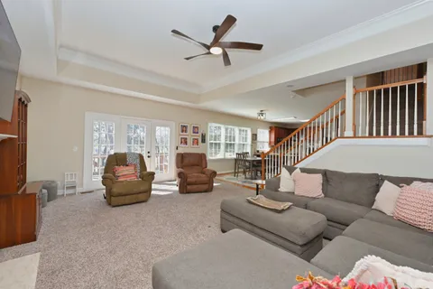 a view of a yard with large trees