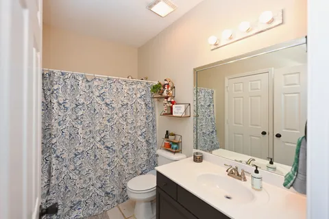 a bathroom with a sink a toilet and shower curtain