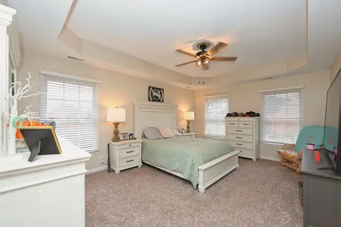 a bedroom with a bed a dresser and potted plant