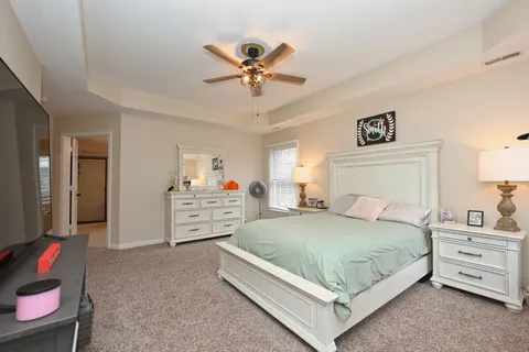 a bedroom with a bed and a chandelier