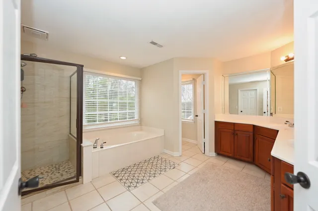 a bathroom with a tub sink shower and a mirror