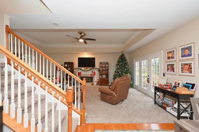 a living room with furniture ceiling fan and a rug