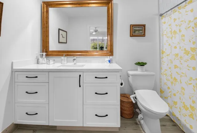 a bathroom with a sink a toilet a mirror and shower curtain