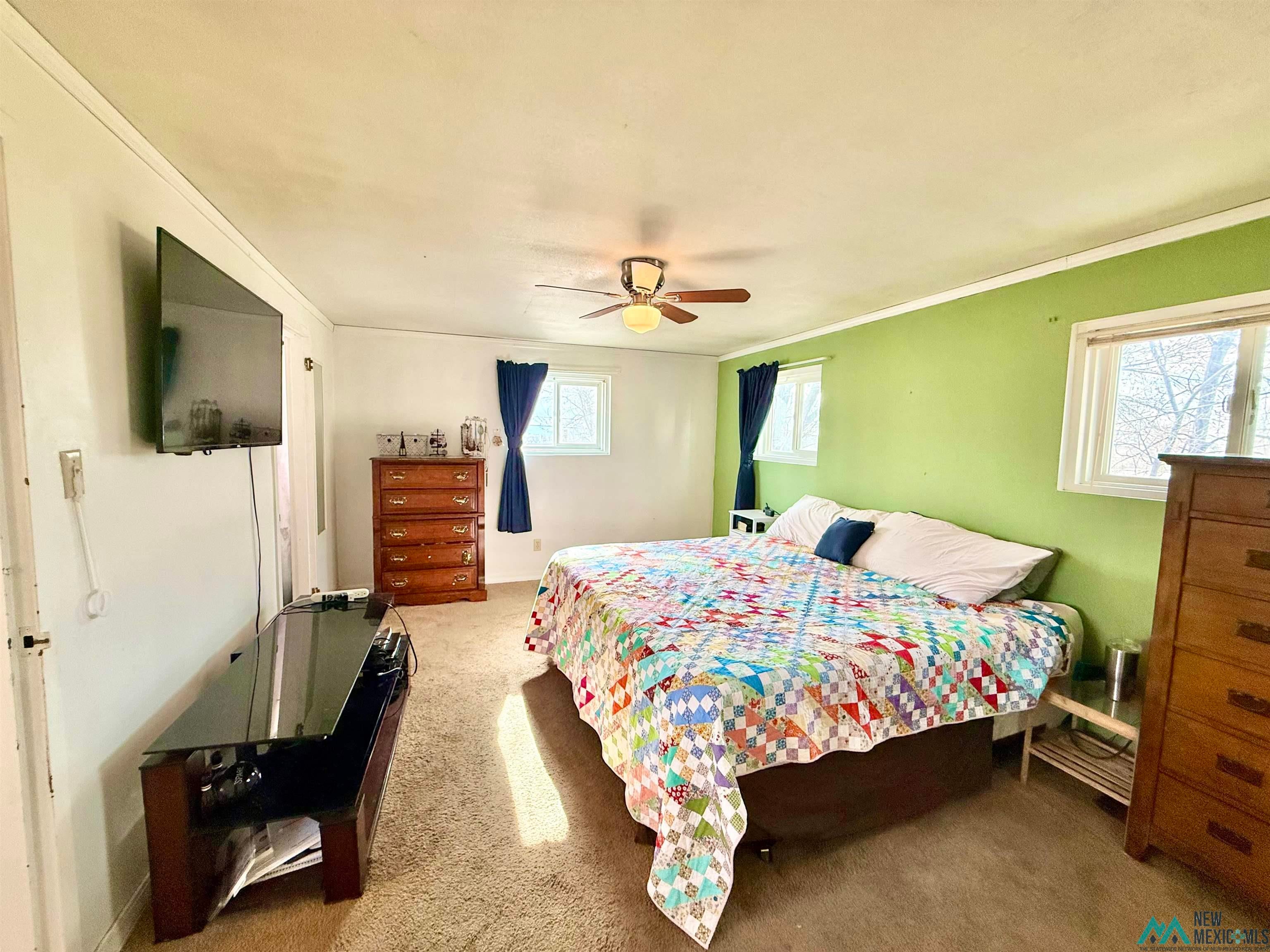 917 South 6th Street Raton, NM 87740 - Photo 11 of 35 Carpeted bedroom featuring ceiling fan and crown molding