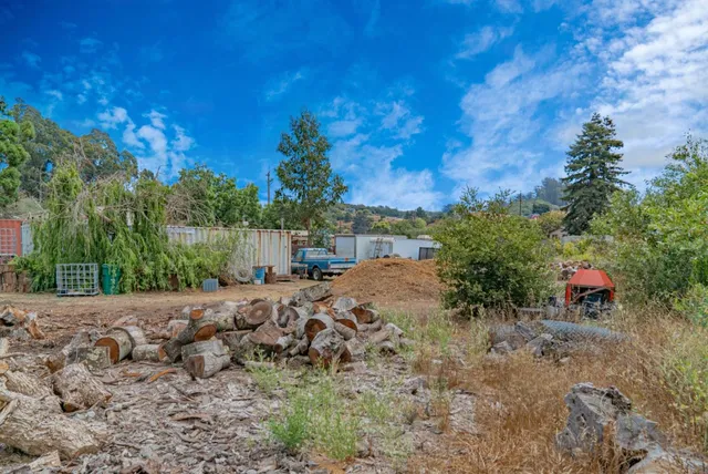 a view of a dry yard with wooden fence