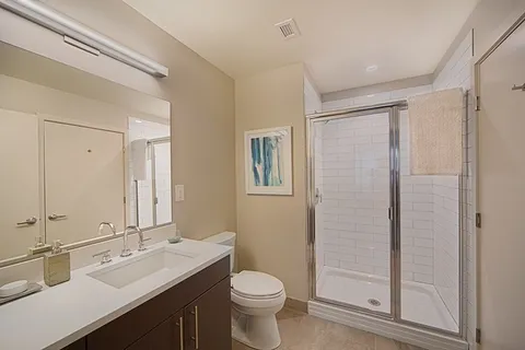 a bathroom with a double vanity sink toilet mirror and shower