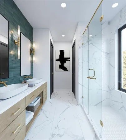 a bathroom with a bathtub and shower