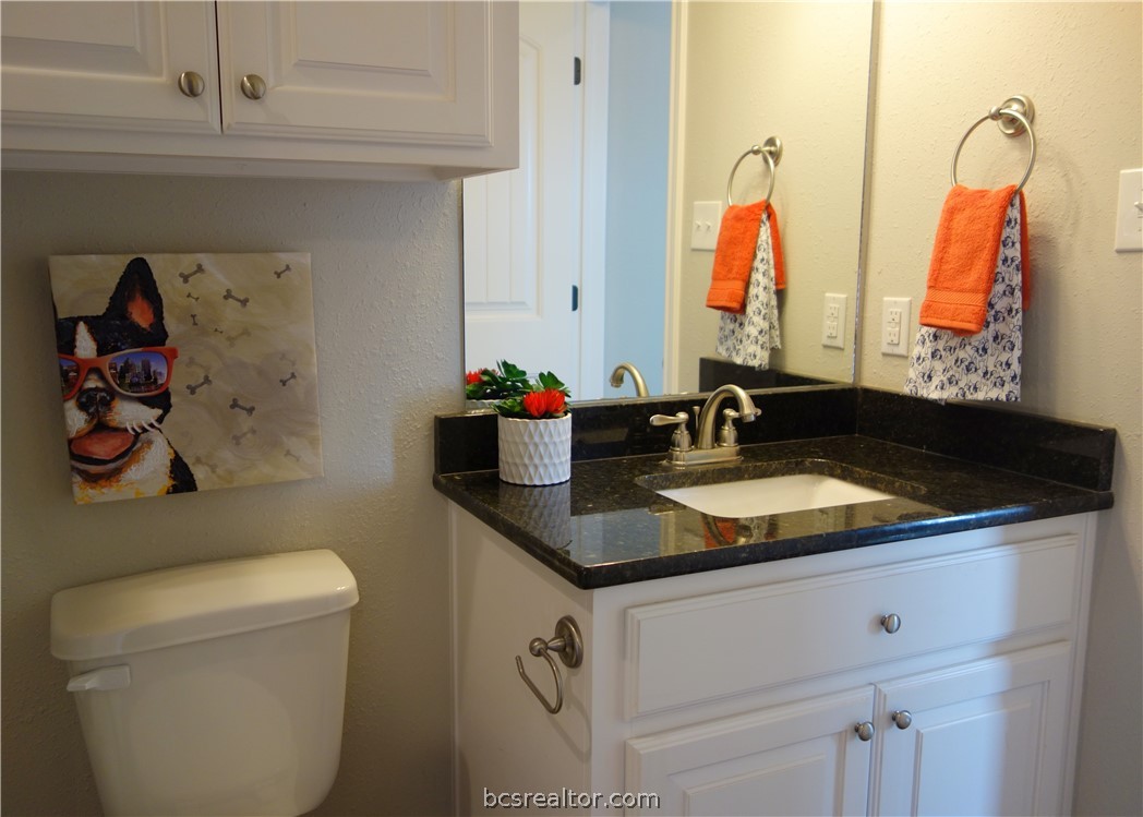 401 North Main Street, Unit 306 Bryan, TX 77803 - Photo 11 of 11 a bathroom with a granite countertop sink and a mirror