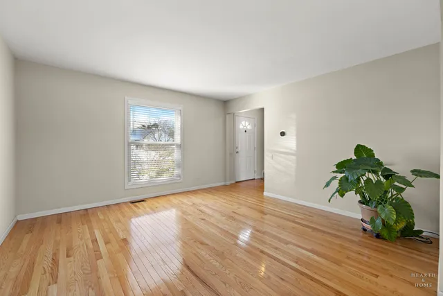 a view of an empty room with wooden floor and a potted plant