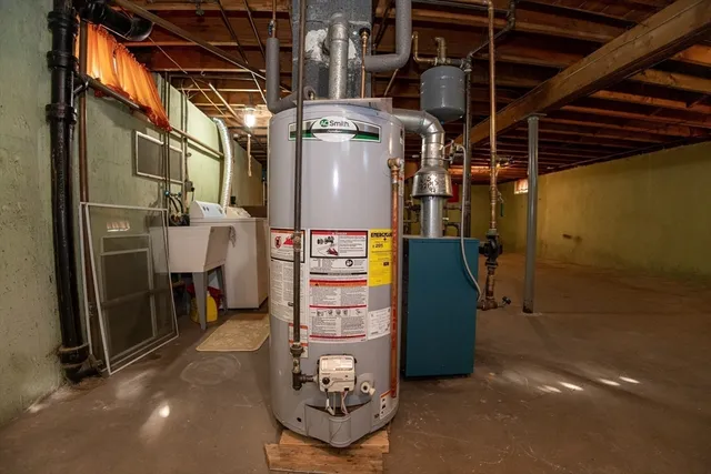 a room with water heater and storage