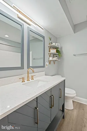 a bathroom with a sink a toilet and mirror