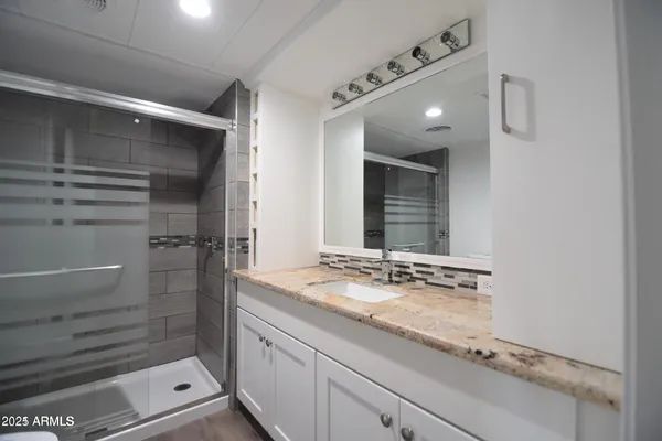 a bathroom with a shower sink and mirror