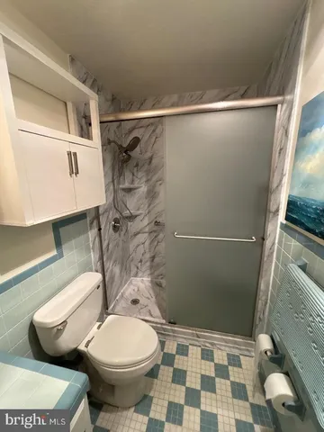 a bathroom with a toilet and a shower