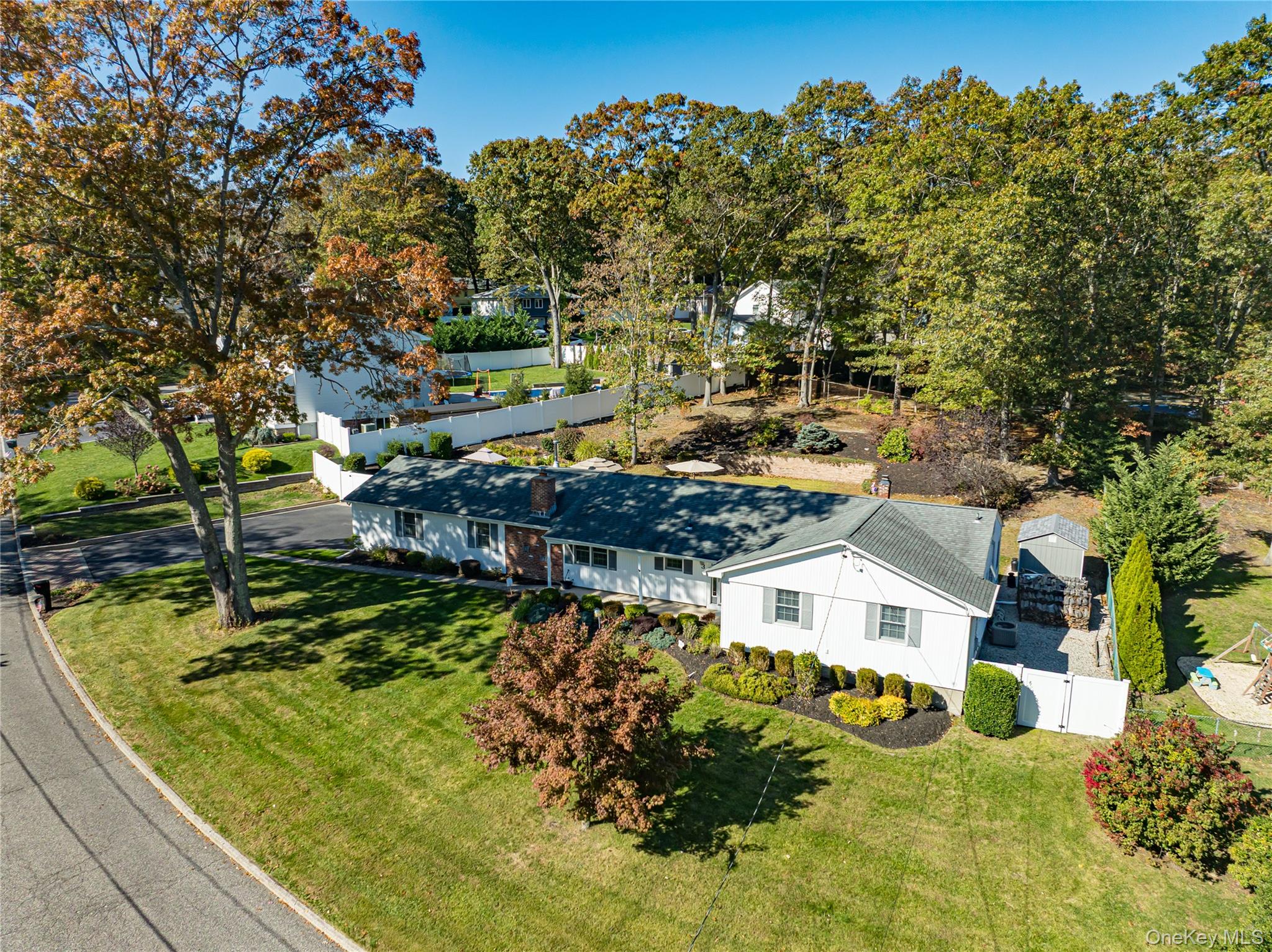 a aerial view of a house with swimming pool and large trees