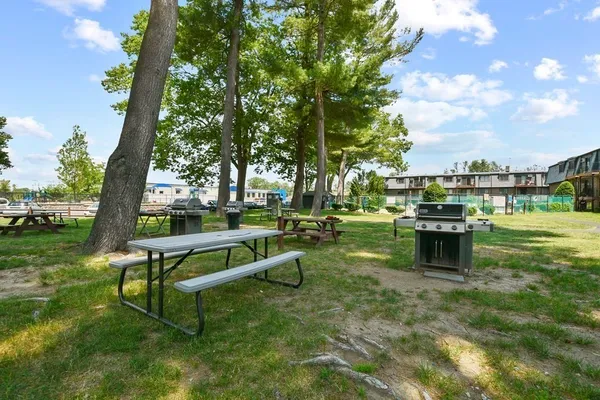 a view of a bench in a park