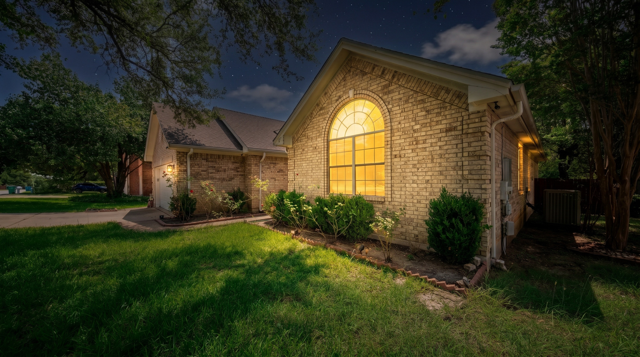 1108 Antelope Ridge Cedar Park, TX 78613 - Photo 25 of 27 Golden light emanates from an arched window, illuminating the brick facade and surrounding greenery under a starry night sky.