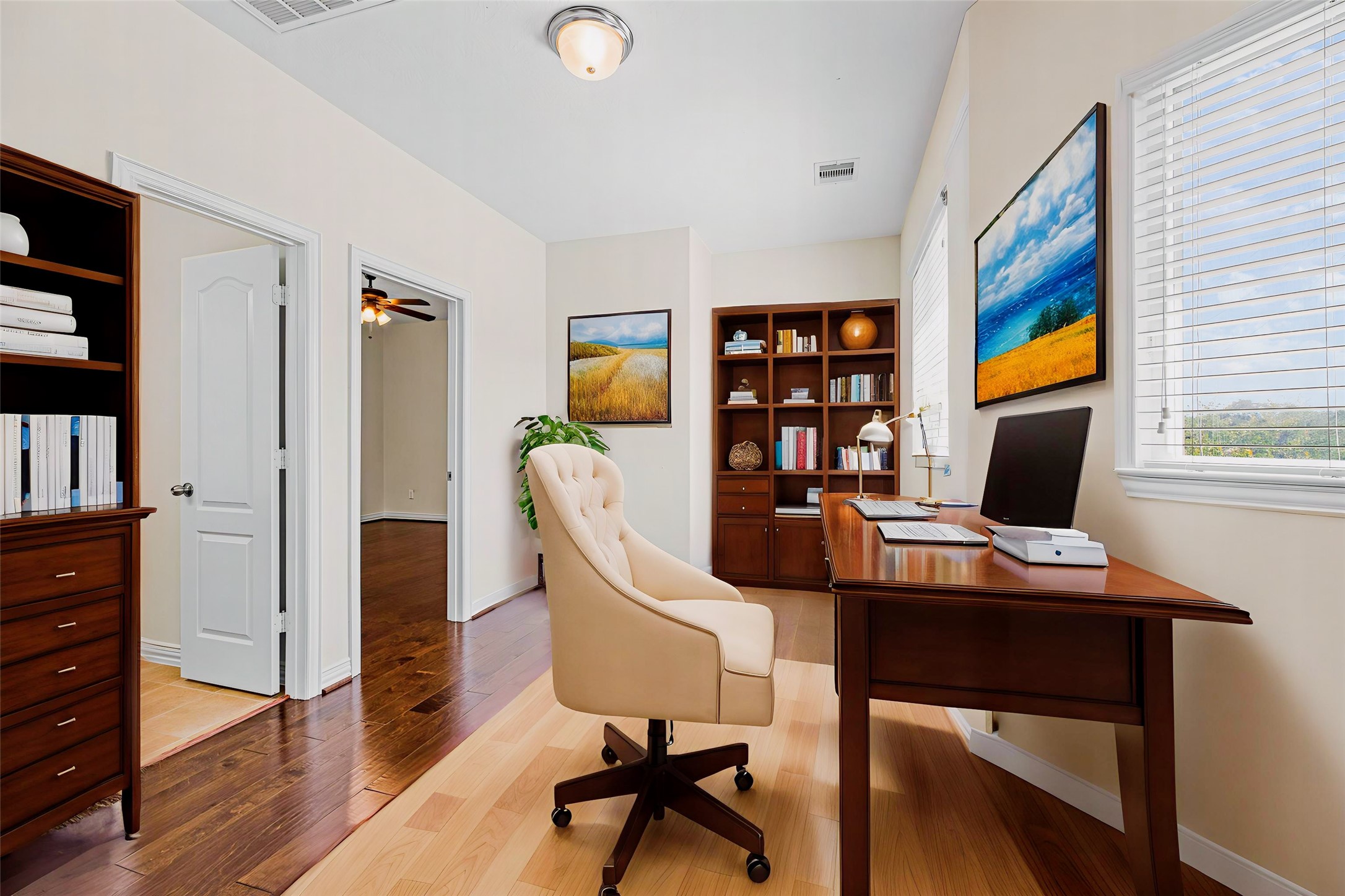 3315 Tulip Ranch Drive Katy, TX 77494 - Photo 13 of 23 The upstairs hallway is wide and has a nook for a desk with electrical outlets nearby. Perfect place for studying or homework. Virtually staged so you can imagine the possibilities.