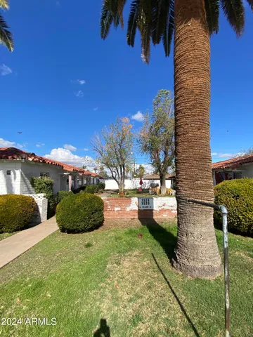 a view of a garden with a slide