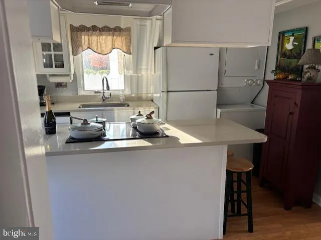 a kitchen with a refrigerator and a sink