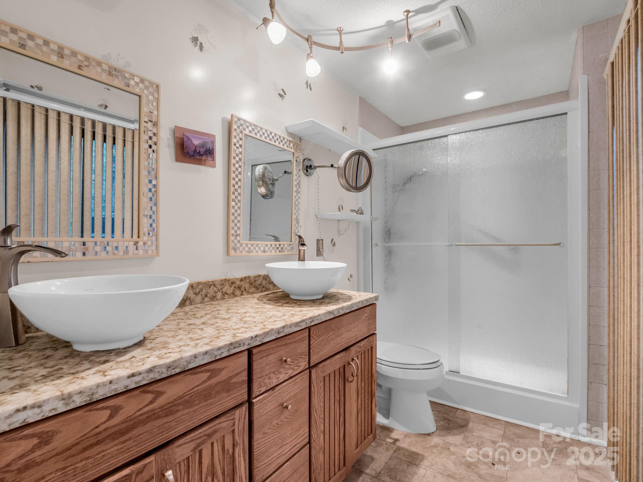 421 Chickadee Lane Brevard, NC 28712 - Photo 16 of 32 a bathroom with a granite countertop sink a toilet a mirror and shower