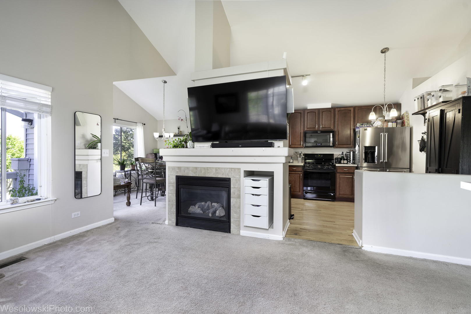 644 South Rosehall Lane, Unit 644 Round Lake, IL 60073 - Photo 4 of 33 a living room with furniture a fireplace and a flat screen tv