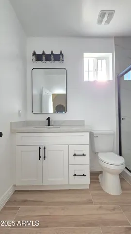 a bathroom with a sink a toilet and mirror