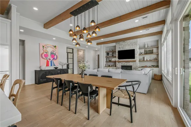 a view of a dining room with furniture