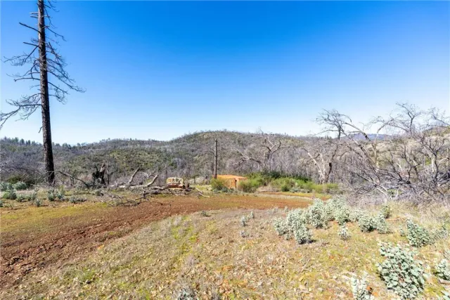 a view of a yard with a mountain view