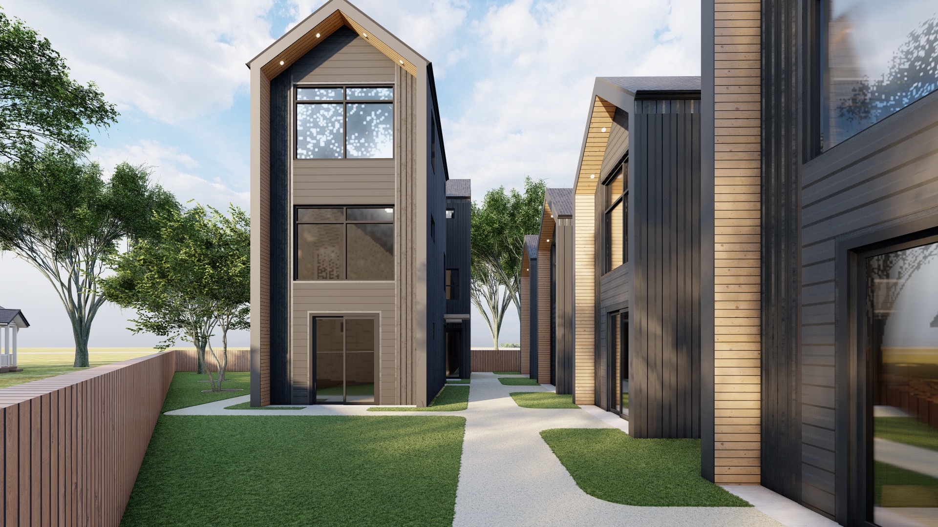 Modern three-story featuring sleek vertical siding, large windows, and warm wood accents. Stylish design with landscaped walkways and plenty of natural light.