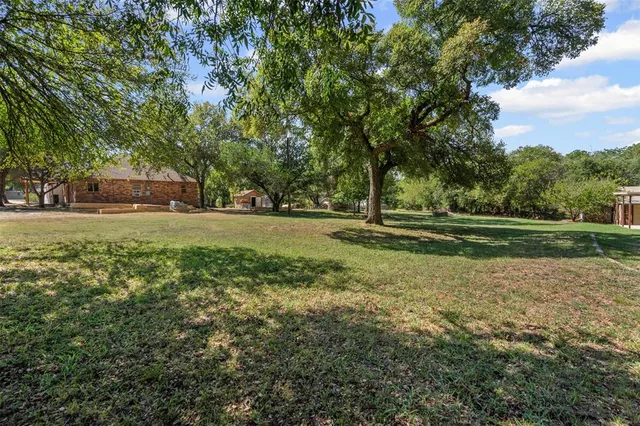 a view of a field of grass and trees