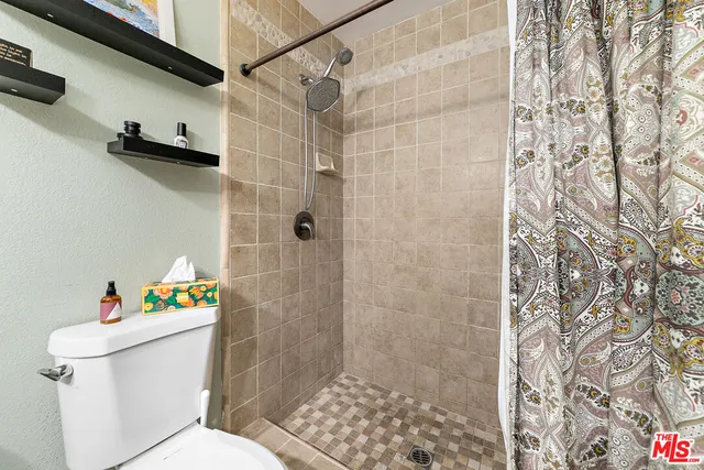 a white toilet sitting next to a shower curtain