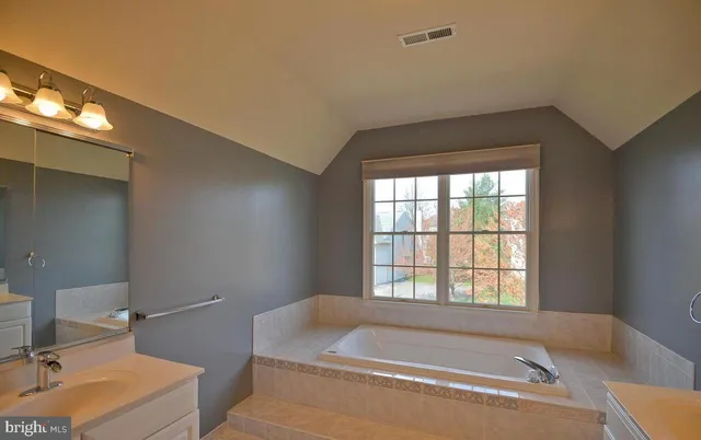 a bathroom with a sink mirror and a shower
