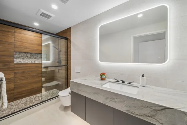 a bathroom with a granite countertop toilet a sink a mirror and a shower